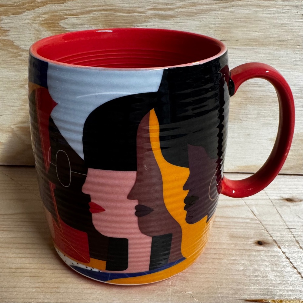 Audrey Lee for Anthropologie Ceramic Portrait Mug Blue Red Face Graphic Art